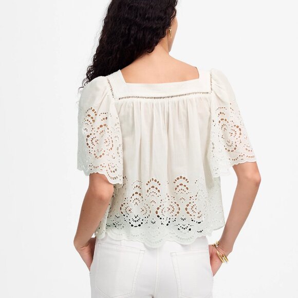 Madewell Flutter Sleeve Squareneck Scalloped Lace Trim Top White Size S NWT - Picture 2 of 8